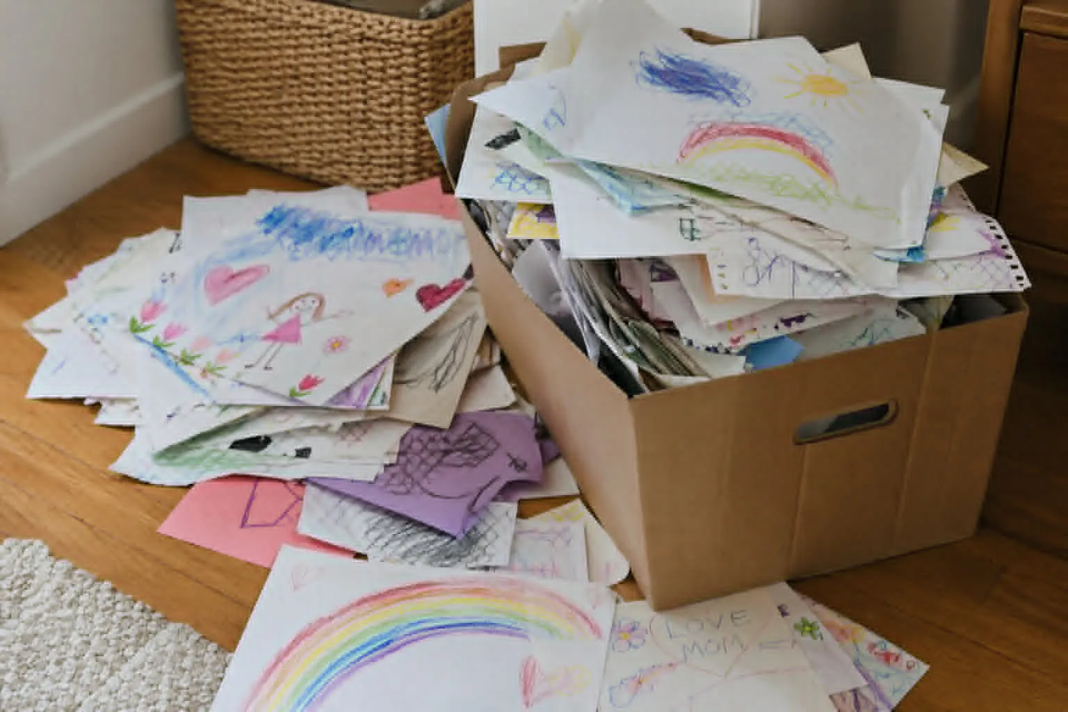 Cardboard box and pile of children's drawings spilling onto the floor